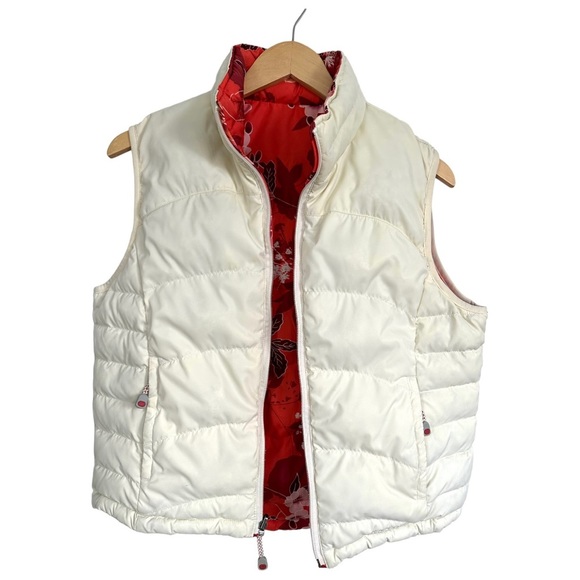 LL Bean Reversible Coral Floral Cream Down Puffer Vest Size Medium - Picture 9 of 15